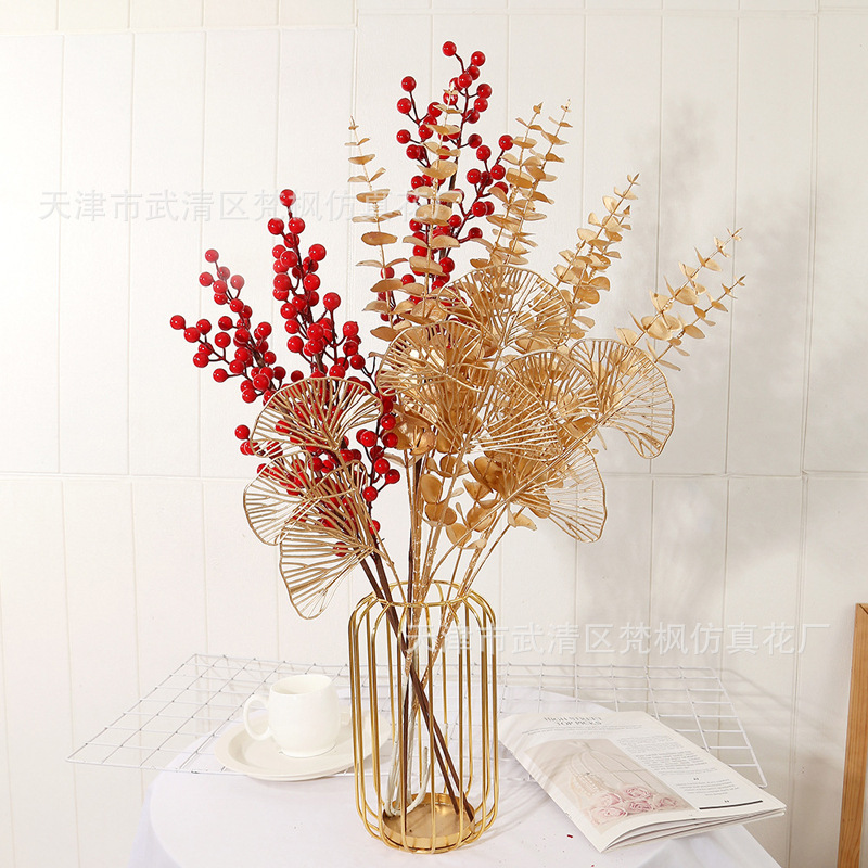 金色系新年年宵花仿真花福桶摆件红果泡沫发财果尤加利金叶子装饰