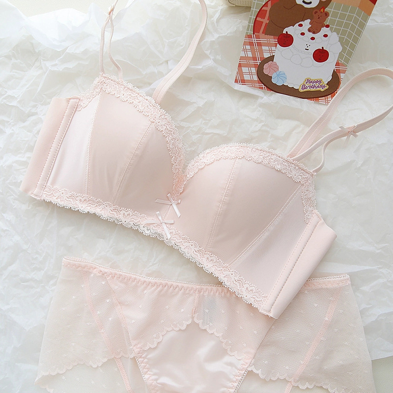 Original Original Satin Exquisite Lace Girl Underwear Seamless Small Breast Push-Up No Rims Sweet Bra Set