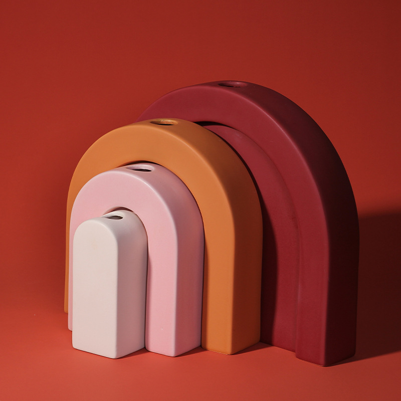 北歐風ins陶瓷花瓶插花乾花 簡約創意彩虹造型花器客廳家居擺件