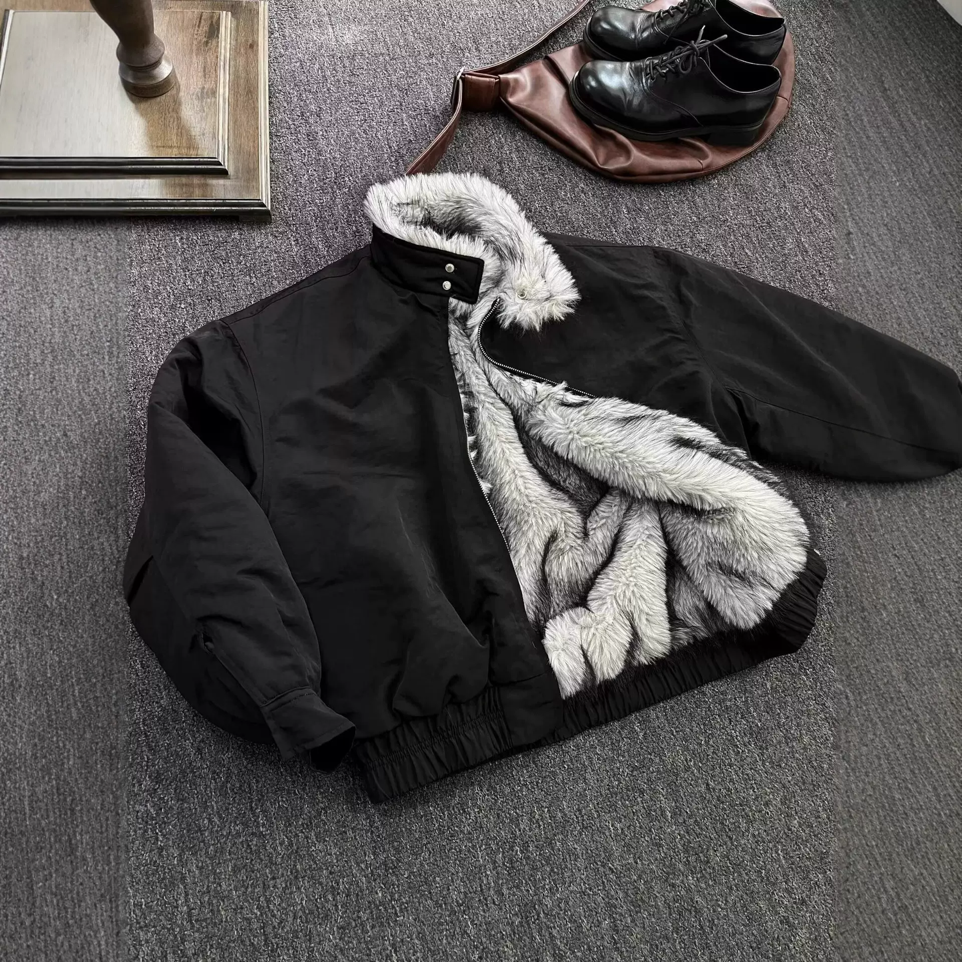 狼王毛领座山雕棉服男款冬季加绒加厚短款外套高级感三防夹克棉衣