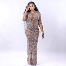 跨境演出服金色亮片修身性感网纱高弹透视舞会明星主持重工礼服裙