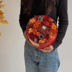 抱抱桶圓形花盒橙色禮物盒皮質手捧鮮花包裝盒伴手禮盒情人節花盒