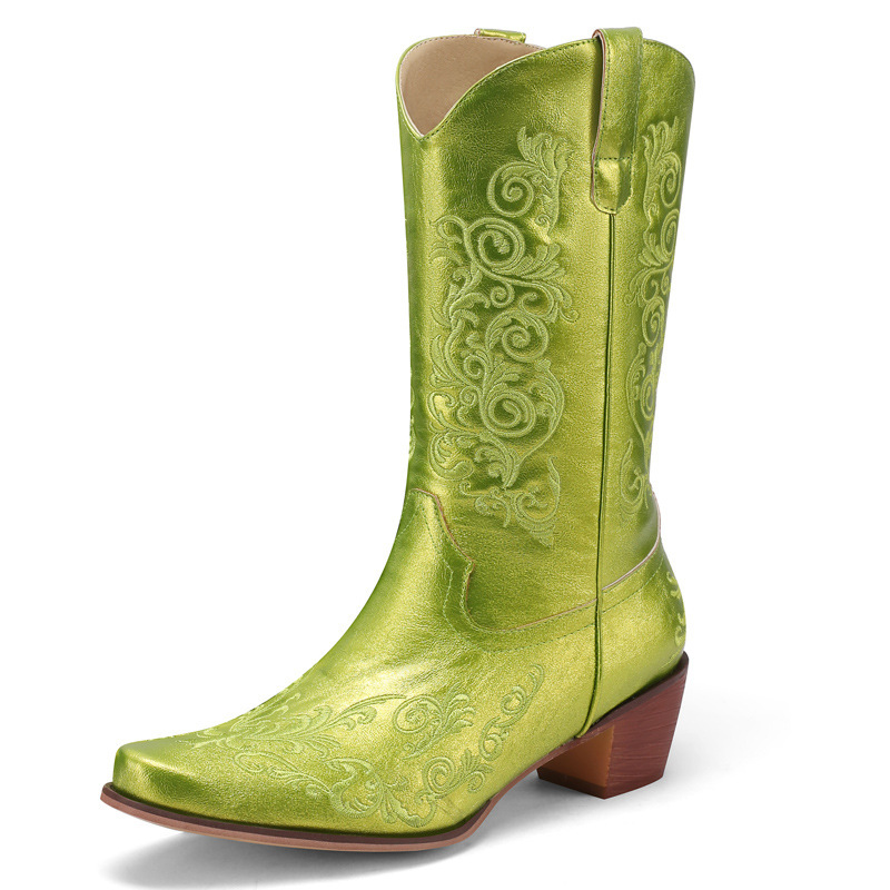 Pointy heel chunky mid-heel embroidered sleeve high cowboy boots Women's boots 40-43 plus size_voghion.com