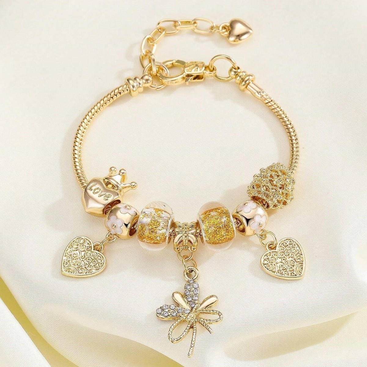 Brazalete Panjia, brazalete de cuentas DIY transfronterizo, arco de diamante de oro, joyería de moda de la corona de amor