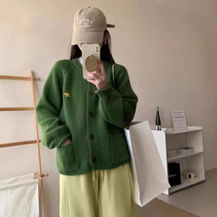 日系レトログリーンニットカーディガンセーター