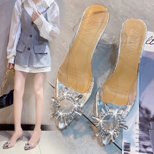  New Arrival Rubber Toe Cover Thick Heel Strappy High Heels PU Crystal Material Pointed Toe Sandals