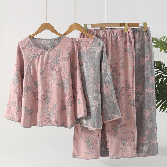 Spring and Autumn Chinese Style National Style Pure Cotton Yarn-dyed Gauze Jacquard Women's Pajamas Long-sleeved Trousers Slant Placket Thin Home Clothes suit