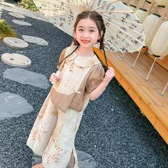 女童夏季国风套装洋气新款短袖娃娃衫宝宝新中式碎花防蚊裤两件套