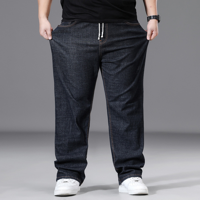Spring and Summer Men's Straight-Leg Loose Jeans, Plus Size, Elastic Waist, Wide-Leg Pants for Big and Tall Men