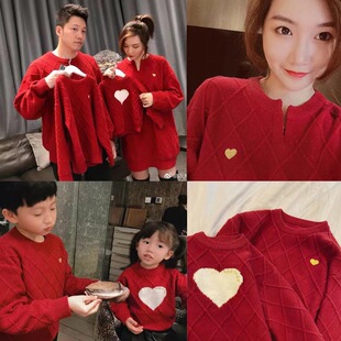 Red Heart Family Sweater for a Family of Four, Festive New Year Outfits, Thickeneded Knitted Children's Clothing, Couple Outfits, Family Outfits