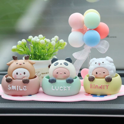 figurines creative | Car ornaments - little-deer-panda-puppy-balloon-white-potted-plant-pink-lucky-mat