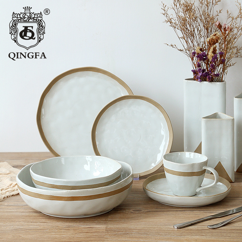 Crude Pottery Tableware Factory Customized Bowl and Dish Set Clay Imitation Hand Kneading Shallow Plate Rice Bowl Plate Nordic Style Bowl and Dish Plate Simple