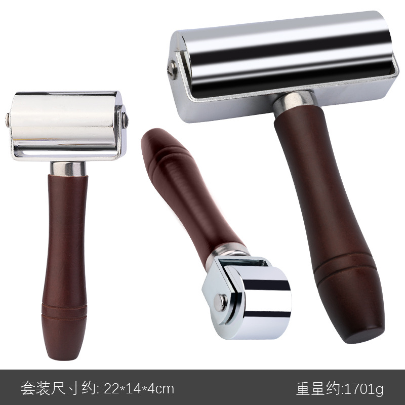 Original mango de madera rodillo rueda de empuje rodillo herramienta de prensado de cuero rodillo de borde oscuro borde grande rodillo de hierro