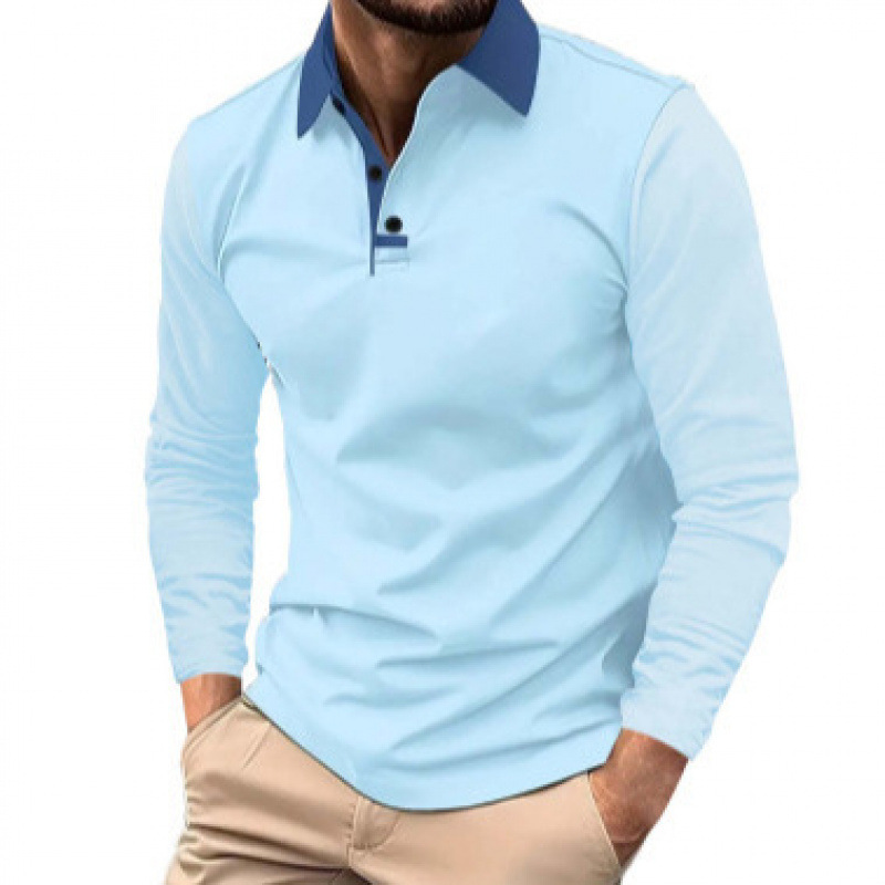 Autumn New Men's Polo Shirt with Turn-Down Collar, Long Sleeve Golf Casual Sports Top, Color Block T-Shirt with Long Sleeves
