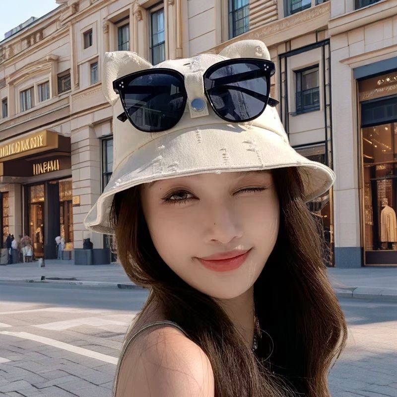 Nuevo sombrero de pescador de orejas de gato primavera y verano dulce moda versátil al aire libre gafas de sol en una gorra de cuenca