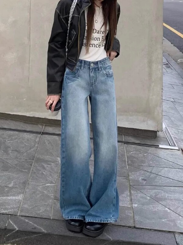 American Retro Straight-Leg Jeans 2025 Spring and Autumn New Washed High-Waisted Loose Petite Wide-Leg Floor-Length Pants