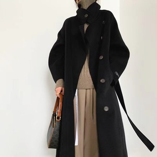 202205 Style Vertical Collar Side Single-breasted Double-sided Wool Coat Women's Korean-style Mid-length Woolen Coat for Autumn and Winter