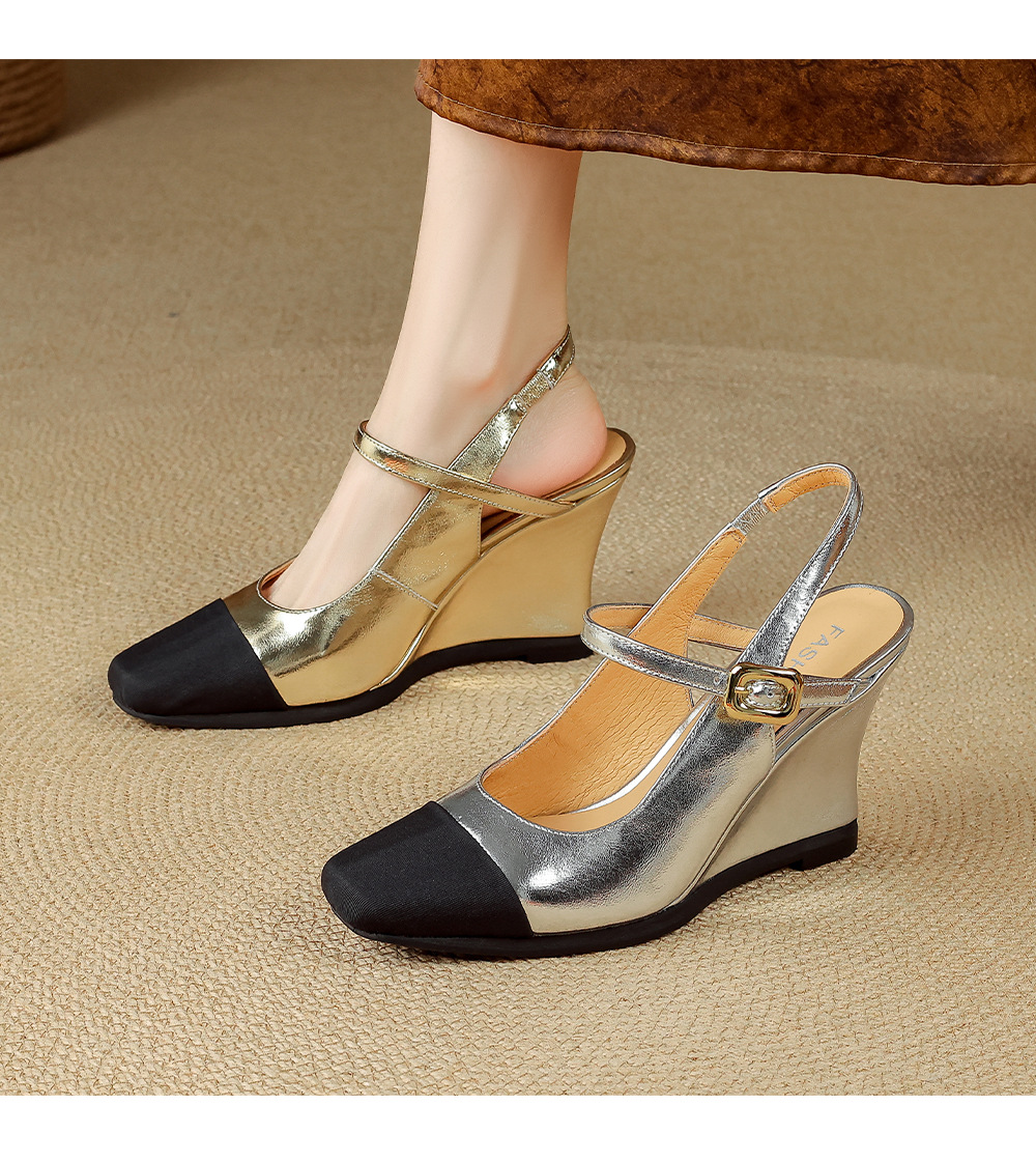 Sandal cao gót nữ mũi vuông quai ngang phong cách Chanel, gót xuồng 2026 — màu vàng, bạc chi tiết 12