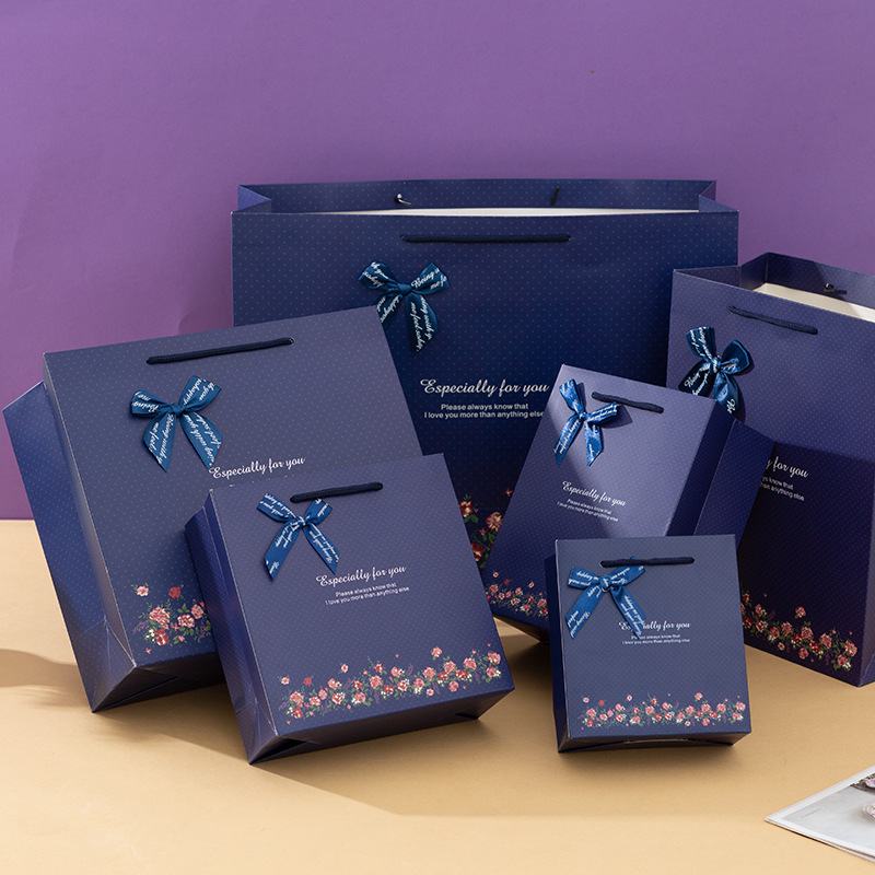 時尚深藍色底小花蝴蝶結禮品袋 商務送禮袋 禮物包裝袋手提紙袋