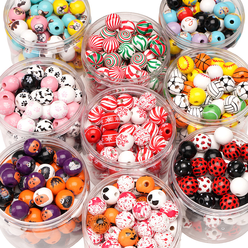 Wooden Printed Round Beads Snowman Animal Christmas Mixed Beads Children Handmade DIY Bracelet Necklace Material Accessories