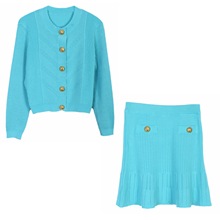 小香风套装冰丝名媛私服高级套装圆领长袖针织开衫包臀裙春秋薄款