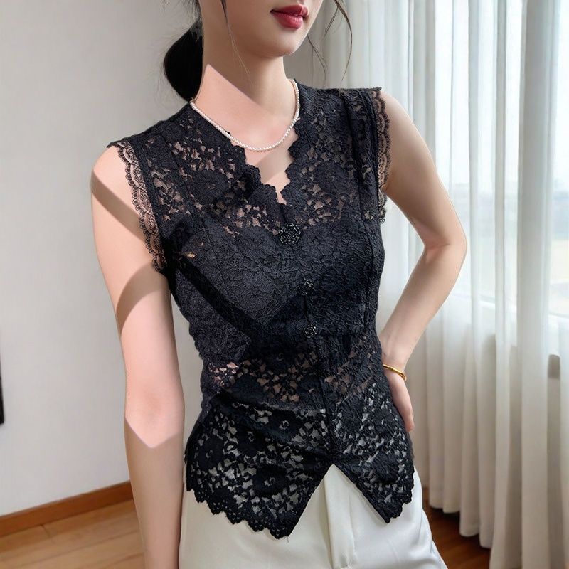 高级感蕾丝吊带背心女夏外穿2025新款设计感v领内搭打底叠穿上衣|undefined