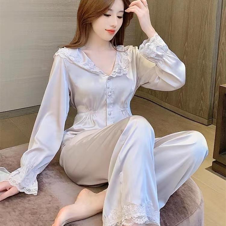 가을 새로운 얼음 실크 얇은 긴 소매 세트 단색 잠옷 여성 홈 의류 허리 여성 하이 센스 잠옷 도매
