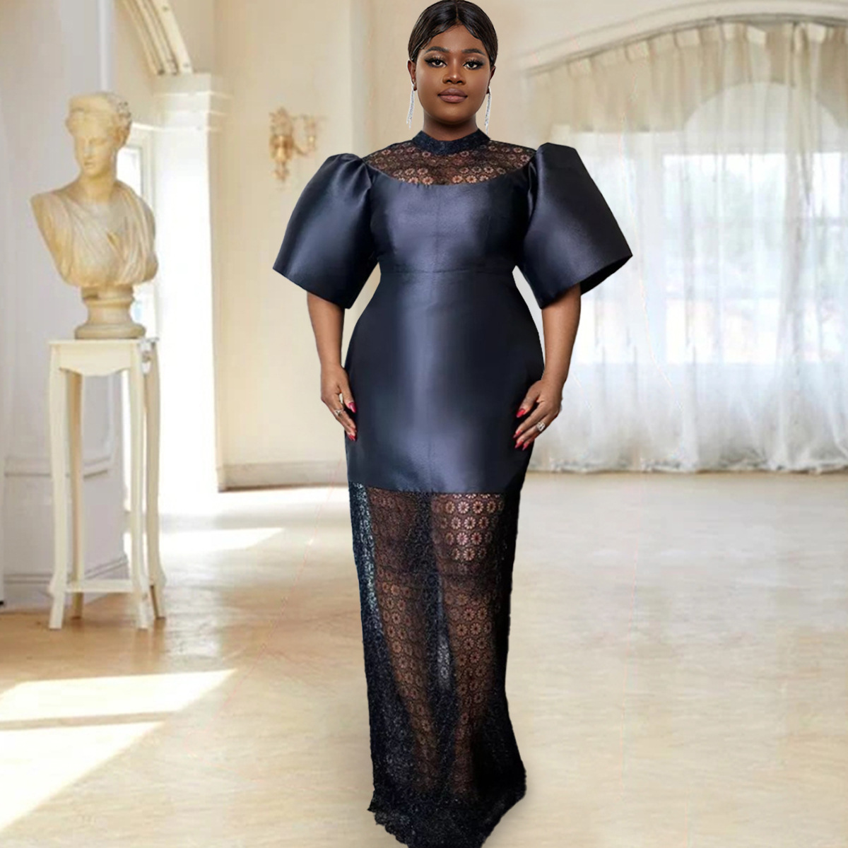 AM030302 designer's small stand collar bell sleeve dress elegant lace perspective one-step dress dress dress