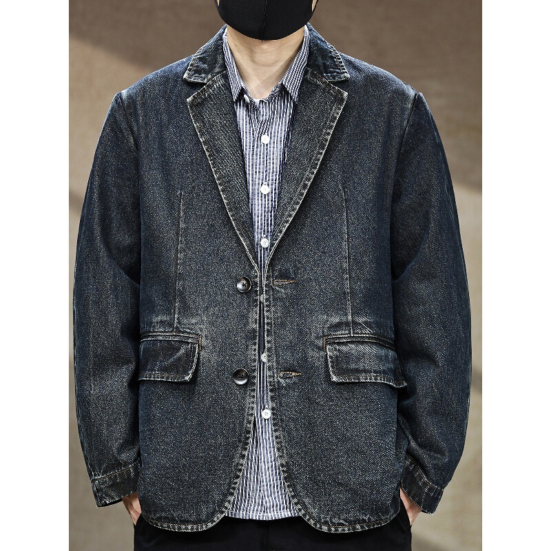 American Retro Heavy-Duty Washed Denim Blazer with Notch Lapels for Men, New Spring Style Loose Denim Suit American Retro Heavy-Duty Washed Denim Blazer with Notch Lapels for Men, New Spring Style Loose Denim Suit