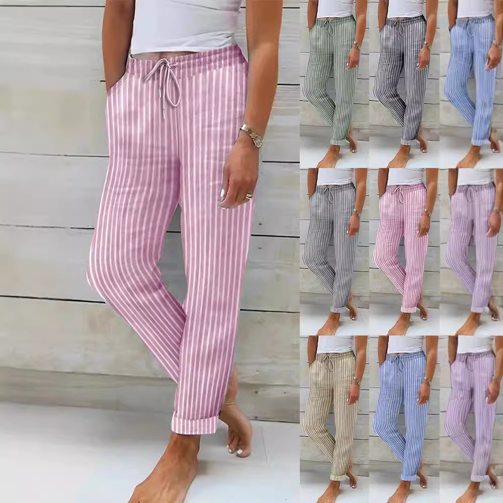2024 Amazon European and American Cross-border Casual Home Pants New Foreign Trade Striped Solid Color Cotton and Linen Loose Pants Women's Clothing