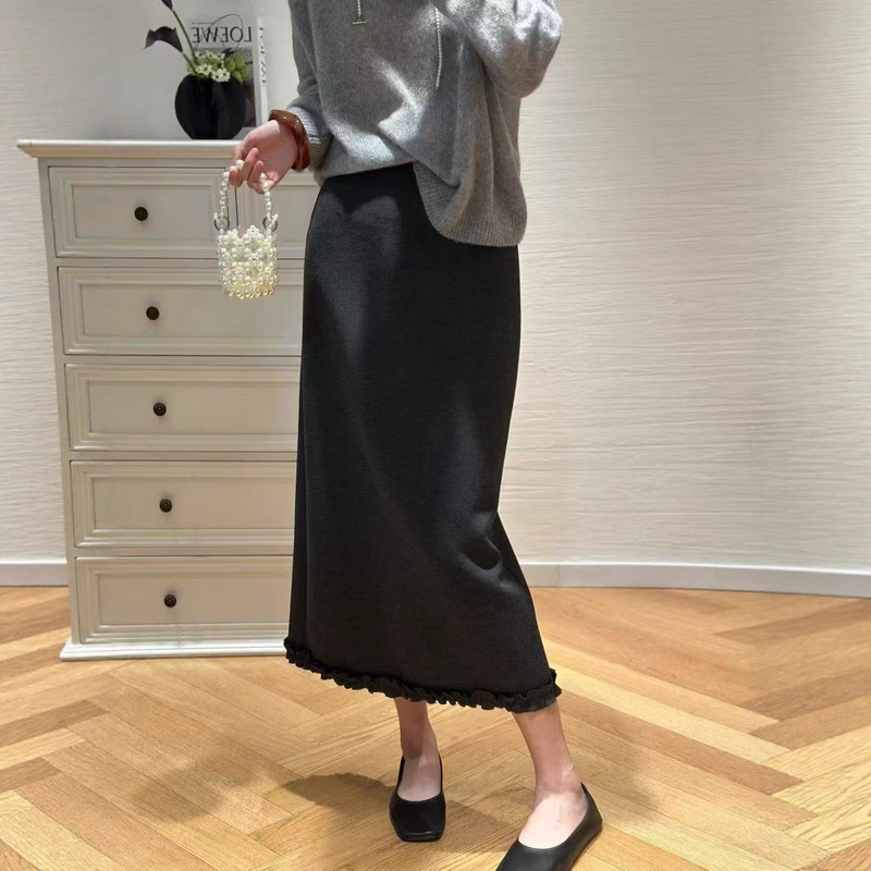 南油女装2025秋冬款优雅气质羊毛斜纹木耳边半身裙时尚百搭中长裙|undefined