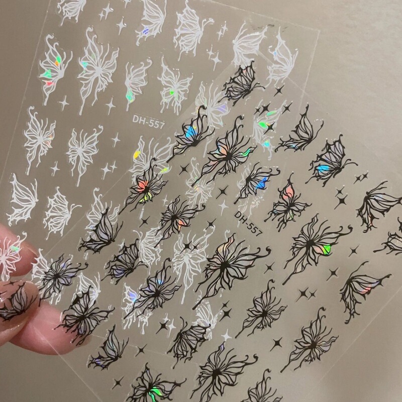 Internet Popular Butterfly Nail Art Sticker Thin Tough Relief Colorful Aurora White Yarn Ice Butterfly Hollow Nail Sticker Jewelry