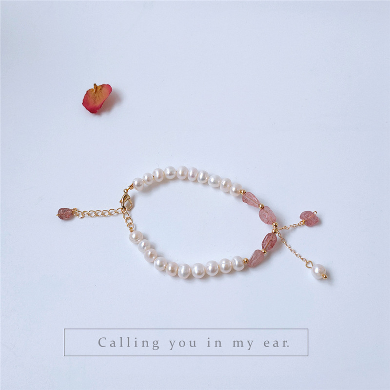 新款镀真金品质天然淡水珍珠异形草莓晶石韩国东大门代购同款手链