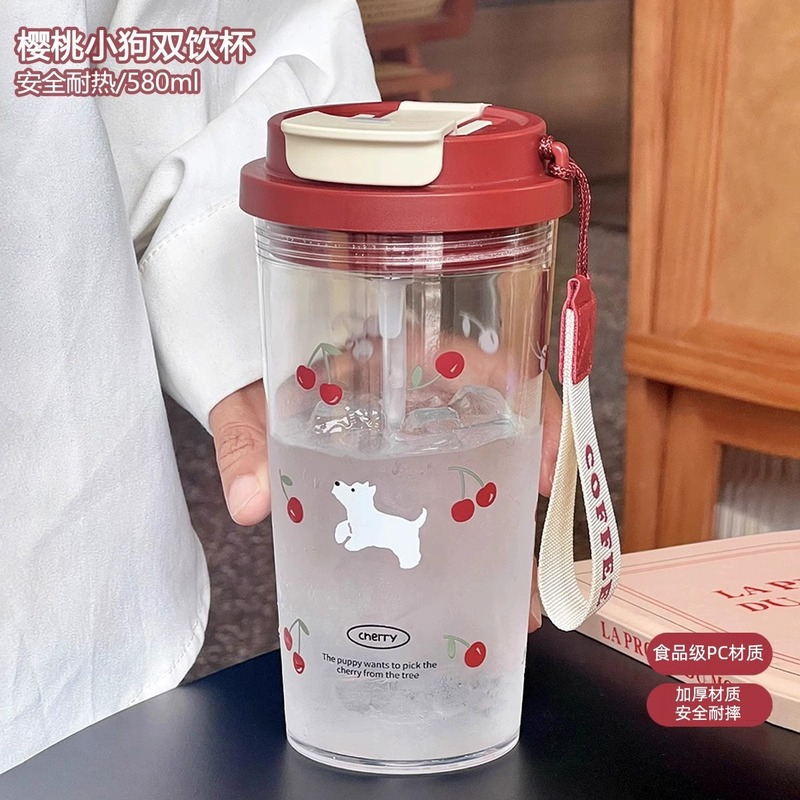 新しいデザインの水筒、女の子向け、高見えするストロー付き、携帯に便利なプラスチック製カップ、二重飲み口、夏用、シンプルで可愛いカップ|undefined