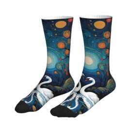 POD 印花跨境爆款专供蓝白撞色星夜天鹅插画中筒袜