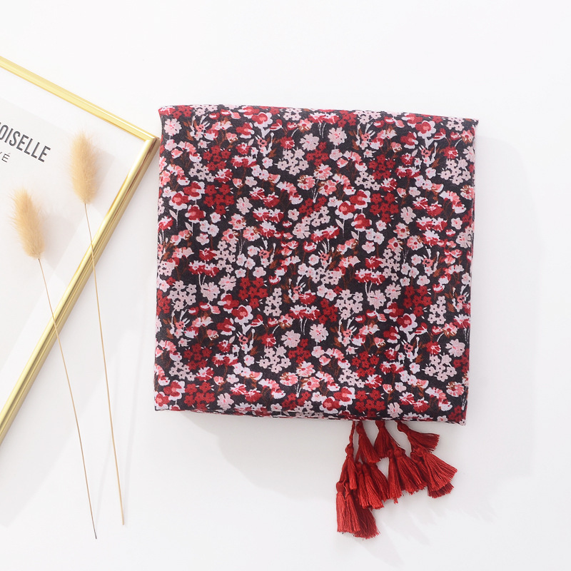 Estilo étnico retro europeo y americano rojo pequeño estampado floral bufanda de seda cáñamo largo de doble uso chal de algodón y lino sensación bufanda
