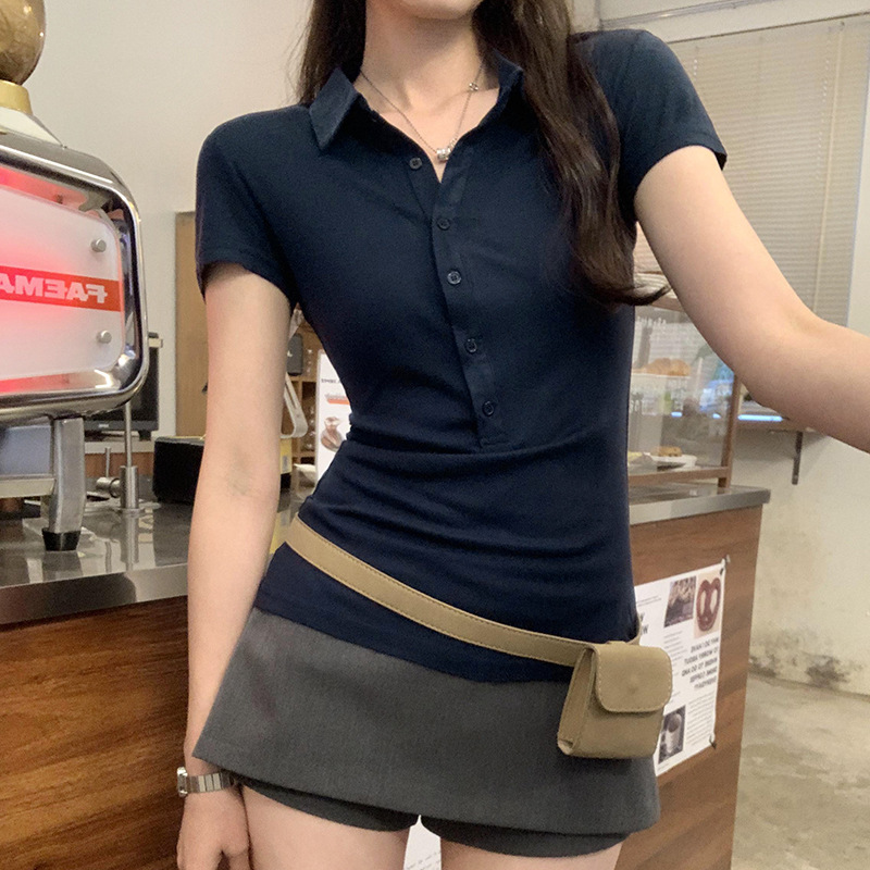 Mulberry Silk POLO Shirt Hot Girls Slim-fit Short-sleeved T-shirt Women's 2025 Summer New Niche Design Pure Desire Top Mulberry Silk POLO Shirt Hot Girls Slim-fit Short-sleeved T-shirt Women's 2025 Summer New Niche Design Pure Desire Top