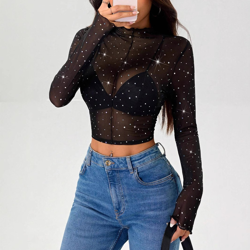 European and American Cross-Border 2026 Spring and Autumn New Women's Small Stand Collar Long-Sleeve Mesh Transparent Sequin-Decorated T-Shirt Top for Women