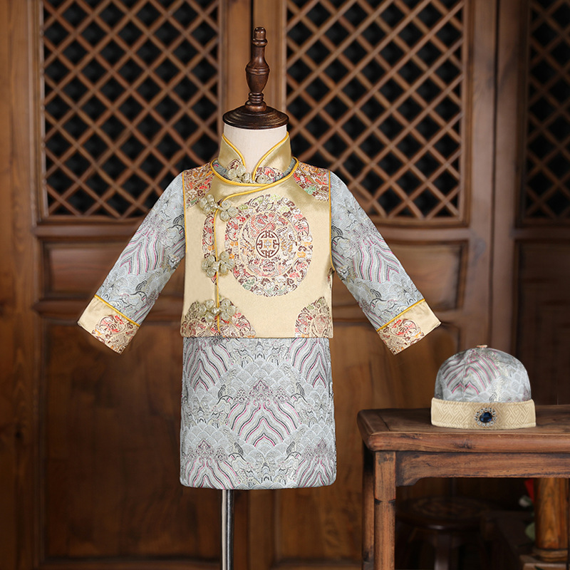 Birthday suit for boys, Chinese style autumn and winter children's Tang suit set, Hanfu clothes for boys, one year old grab week suit autumn