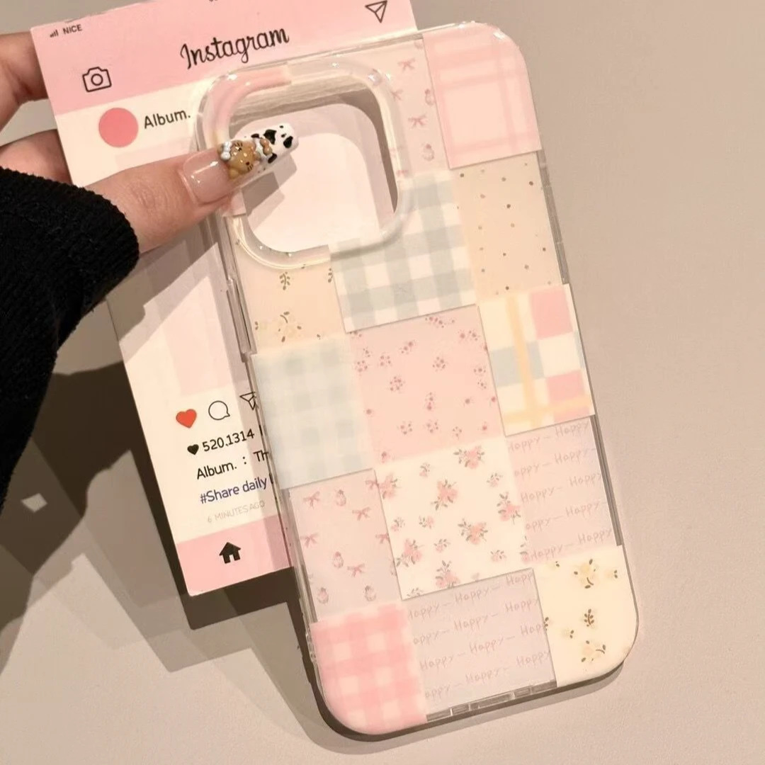 Grid Patchwork Floral Iphone16/17Promax Phone Case Suitable for Apple 15 White Background Imd14/Air Case