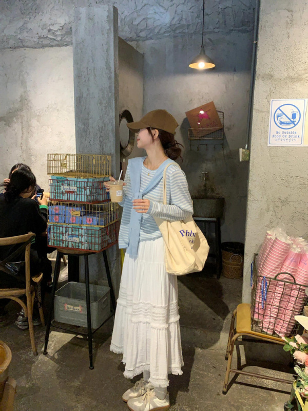 韩系慵懒风冰丝针织条纹防晒罩衫女春秋薄款长袖t恤外搭披肩上衣|undefined