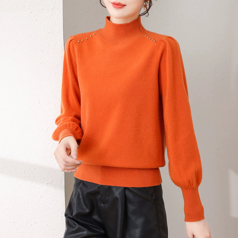 Свитер женский осенне-зимний утолщенный свитер из чистой шерсти, новинка 2024 года, свободная и стильная трикотажная рубашка с внутренним слоем и половиной воротника