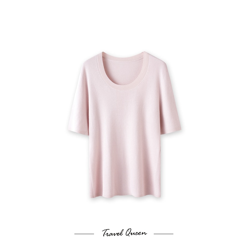 Consinee Worsted Cashmere Sweet Age-Reducing Comfortable Light Pink Knitwear Stripesd Short-Sleeved Top for Women