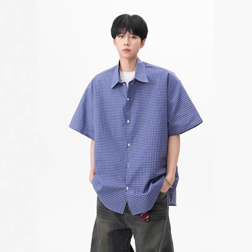 Japanese Retro Blue Grid Short-Sleeve Shirt for Men and Women, Summer City Boy Versatile Top, Loose Couple T-Shirt Jacket