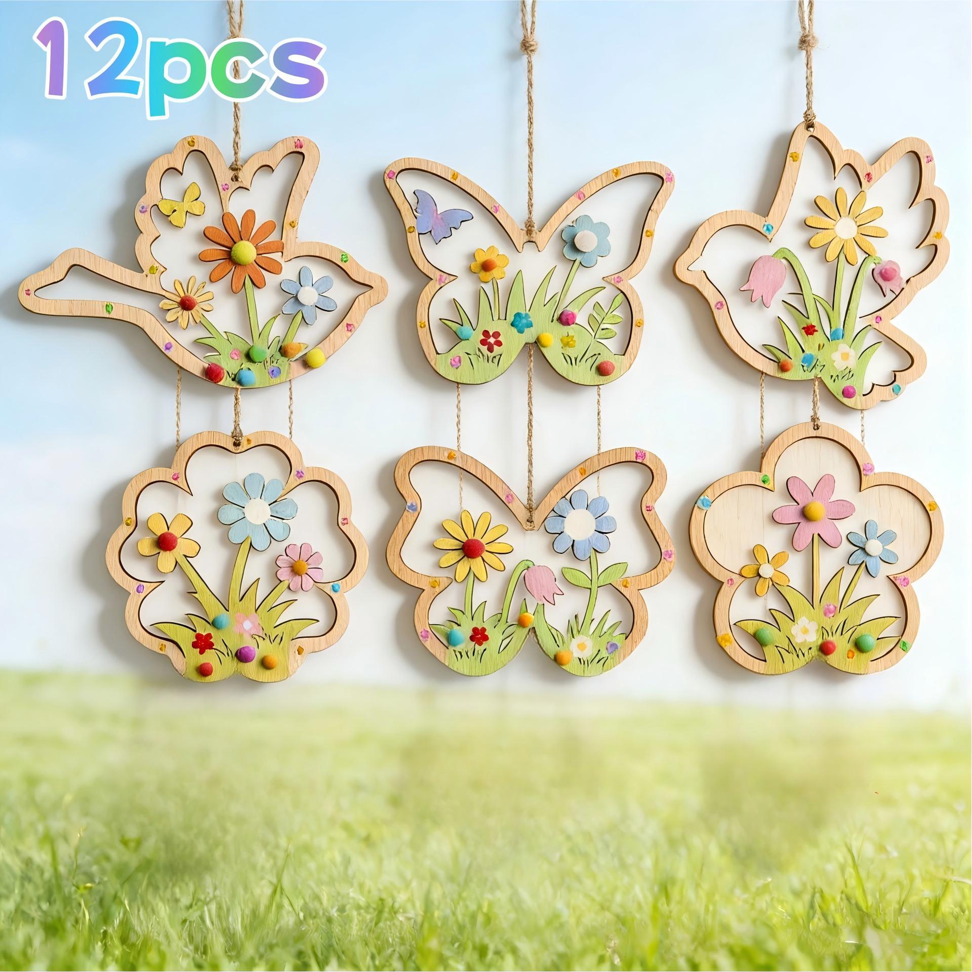 跨境新品12件创意空白花 鸟 蝴蝶木质装饰挂件 DIY木质工艺品挂饰