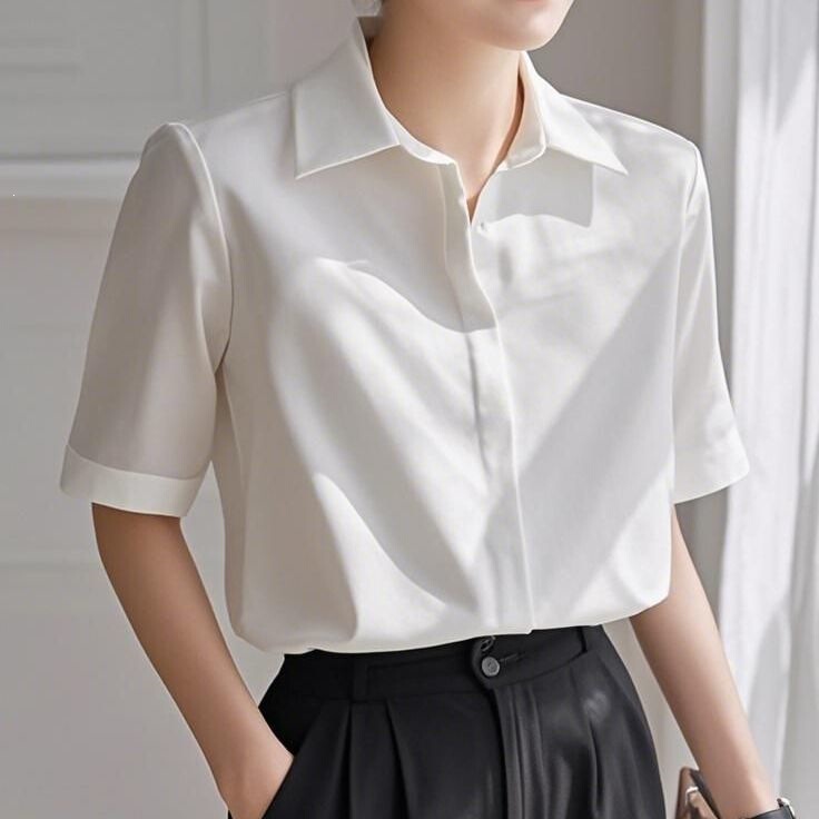 White Short-Sleeved Shirt for Women, Summer Blended Fabric, Versatile Workwear Casual Shirt, French-Style Top, Xiangyunsha, Extra Large Size