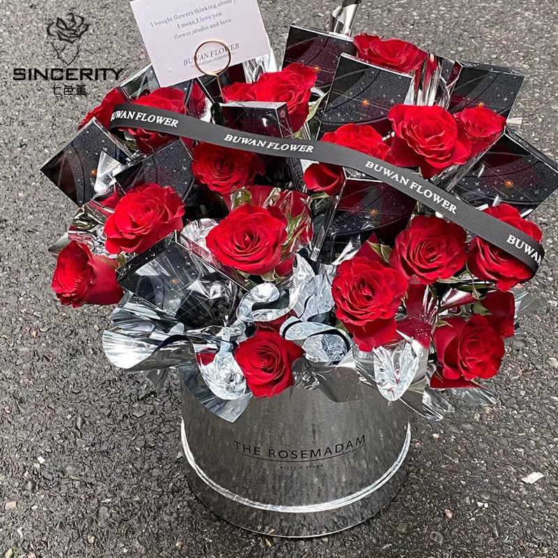Conjunto de tarjetas Panos de siete colores dos cubo abrazo espejo redondo plateado cubo abrazo ramo de flores material de embalaje