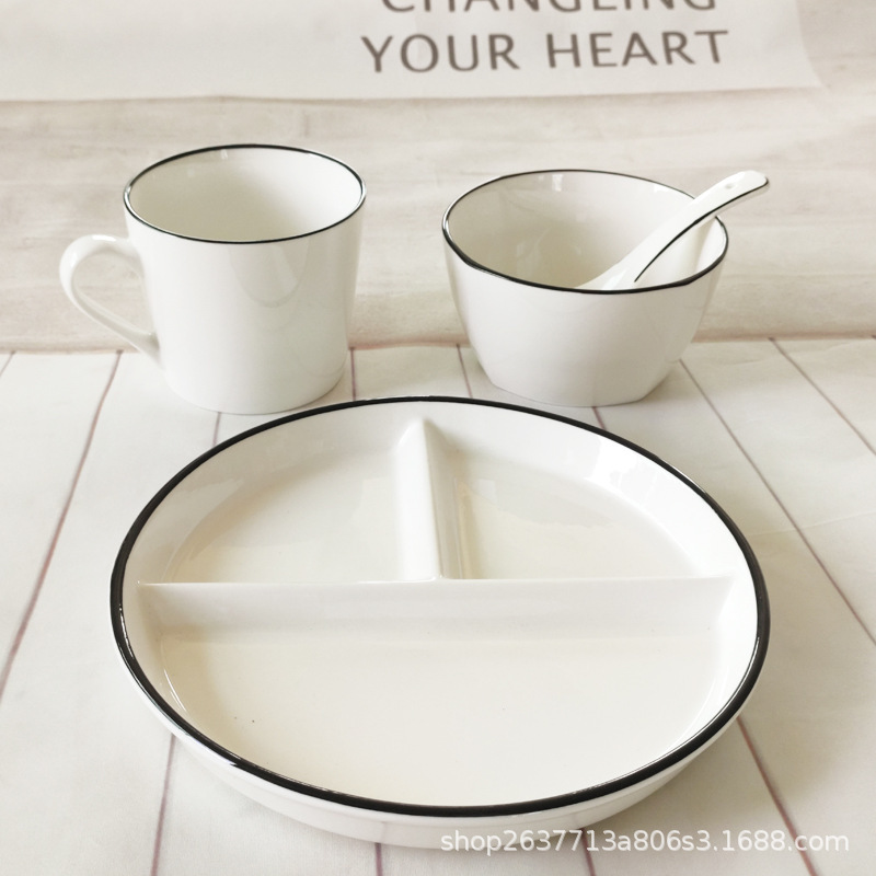 Simple ceramic plate breakfast plate grid plate one person food suit household plate commercial tableware restaurant Table Plate