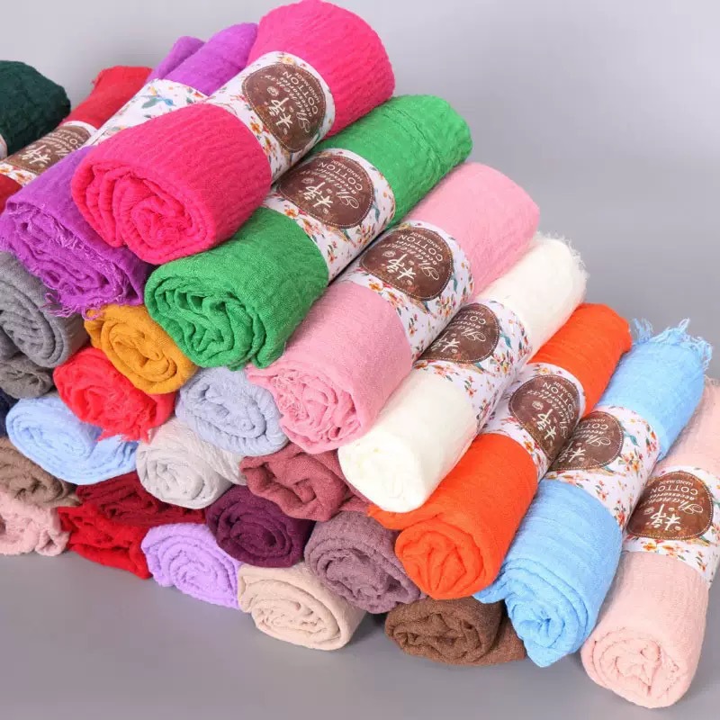New Pleated Solid Color Cotton Scarf with Natural Wrinkles, Large Size Women's Headscarf with Fringe