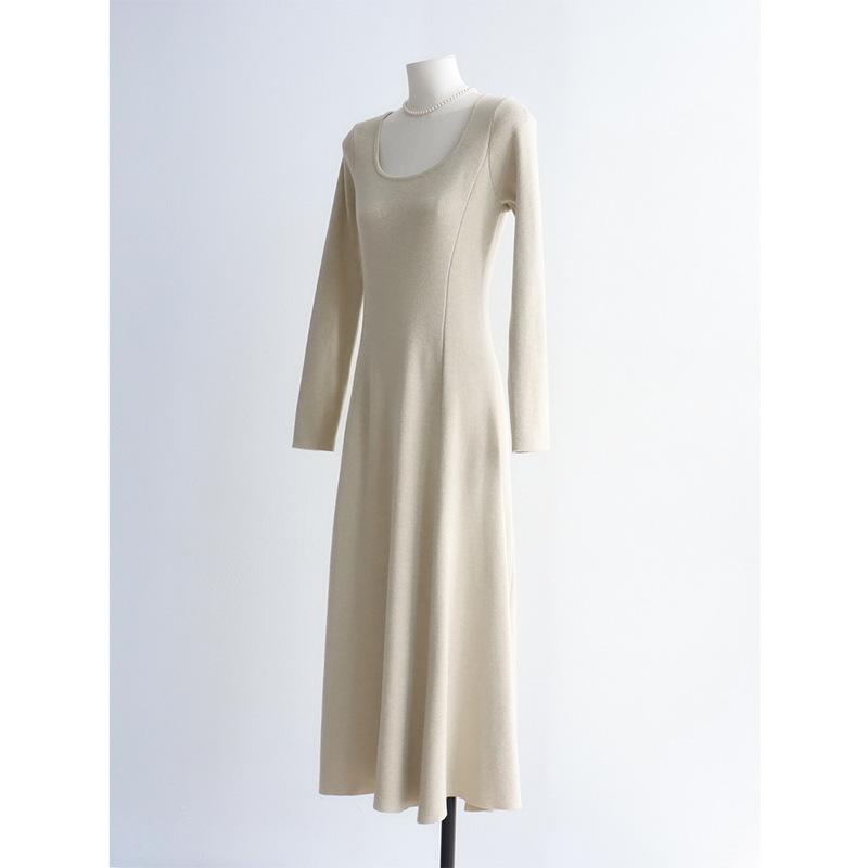 French Square Neck High Waist A-Line Large Hem Knitted Skirt Autumn and Winter Modal Cotton Long-Sleeved Dress Slimming Look Work Clothing Long Skirt